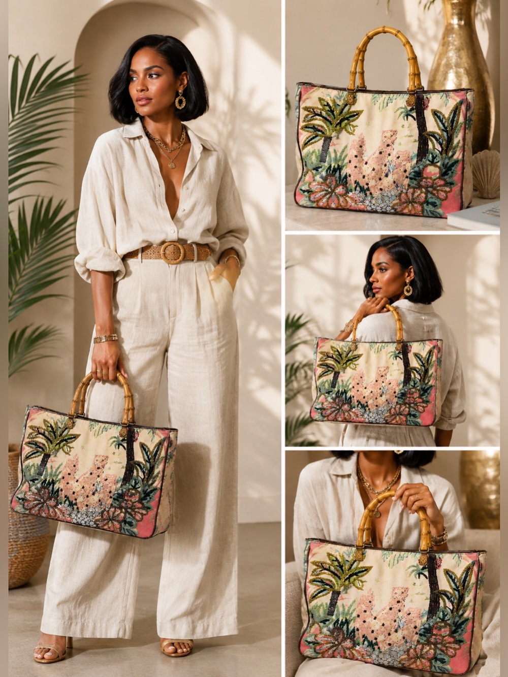 🌴✨ Prezzo Beaded Tropical Tote | Bamboo Handle | Floral Statement Bag🌴✨